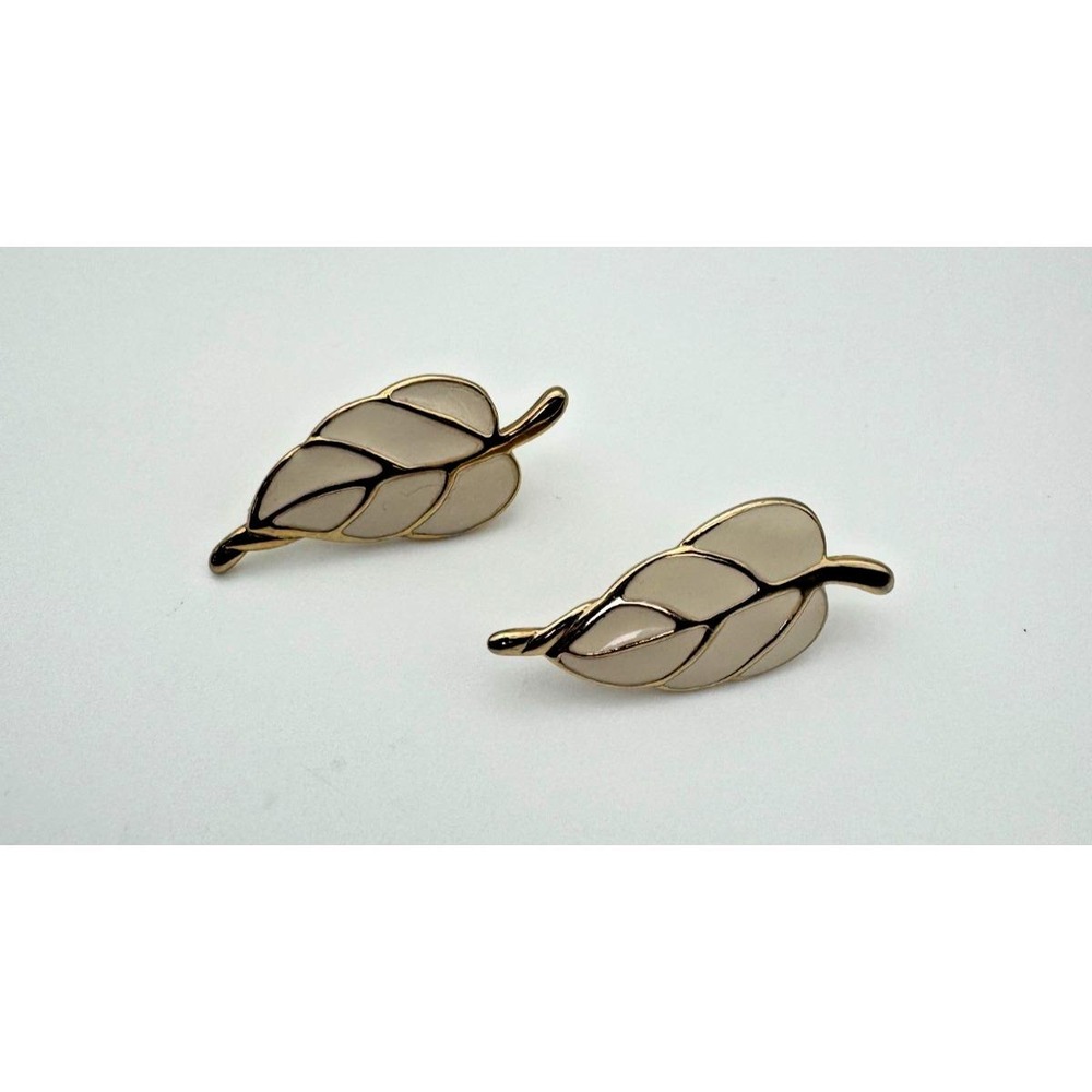 Vintage Gold Tone Cream White Enamel Leaf Post Texture Back Earrings Fall